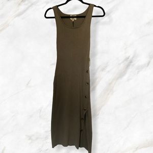 Olive Green Ribbed Side Slit Button Midi Dress
